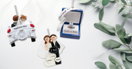 Personalized wedding and engagement Christmas ornaments with names and dates, featuring newlywed couples, a vintage car, and a proposal ring box