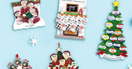 Personalized family Christmas ornaments featuring names on stockings, pajamas, and Christmas trees—custom designs for 2025