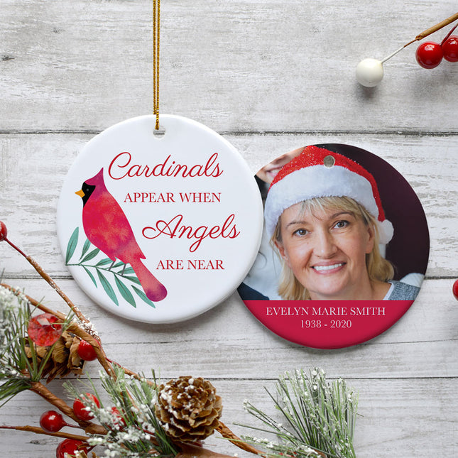 engraved personalized 'cardinals appear when angels are near' memorial photo christmas ornament – Christmas ornament, holiday