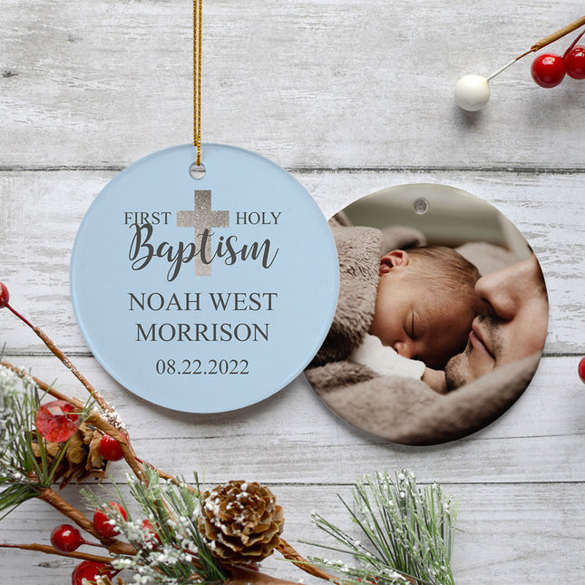 decorative personalized holy baptism blue photo christmas ornament – Christmas ornament, holiday tree decoration or gift