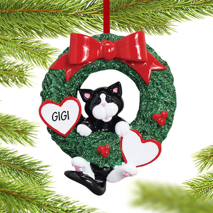 custom personalized cat wreath - tuxedo christmas ornament – Christmas ornament, holiday tree decoration or gift