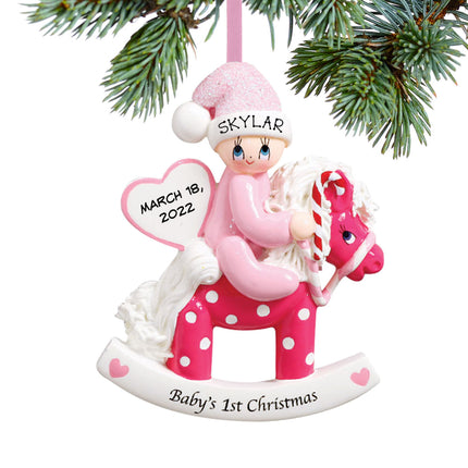 keepsake personalized baby's first christmas rocking horse pink christmas ornament – Christmas ornament, holiday tree decorat