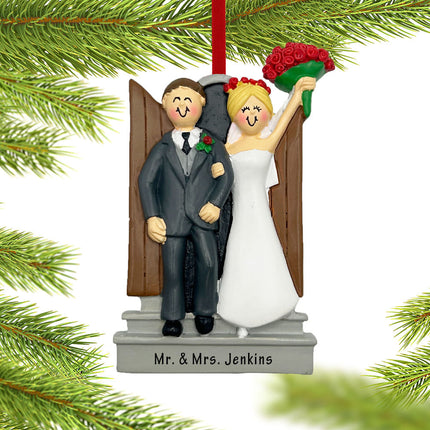 Newlyweds In Front Of Church Door Personalized Figurine Ornament