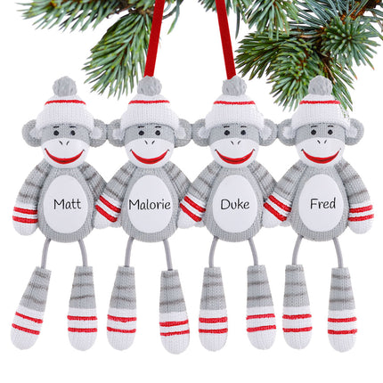 engraved personalized sock monkey family of 4 christmas ornament – Christmas ornament, holiday tree decoration or gift
