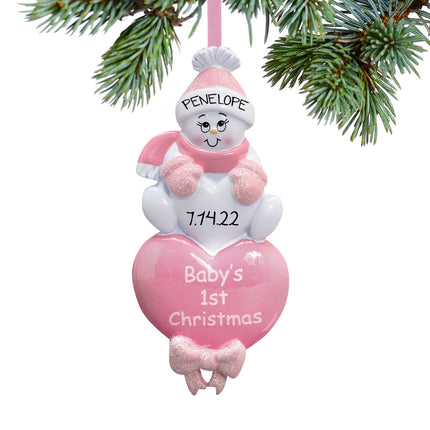 personalized personalized baby girl's first christmas pink snowman christmas ornament – Christmas ornament, holiday tree deco