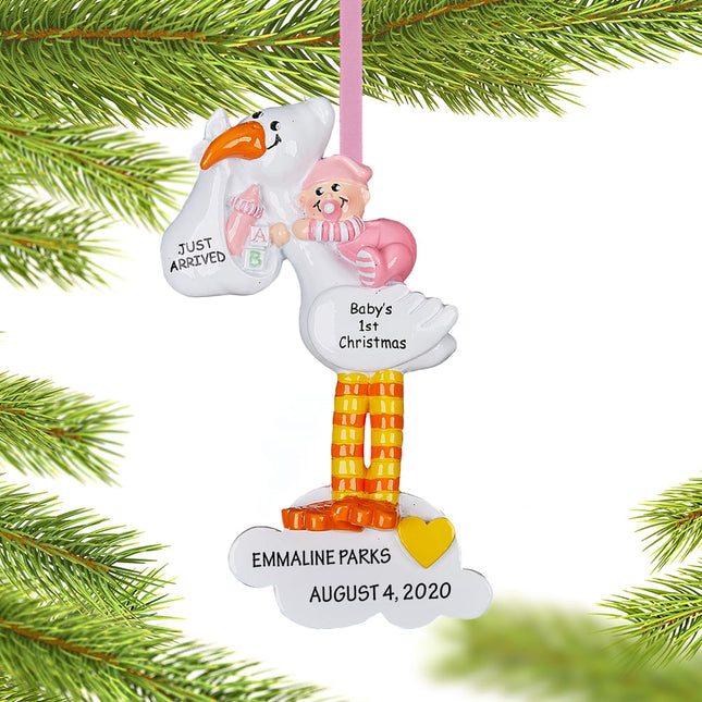 holiday personalized stork baby pink christmas ornament – Christmas ornament, holiday tree decoration or gift