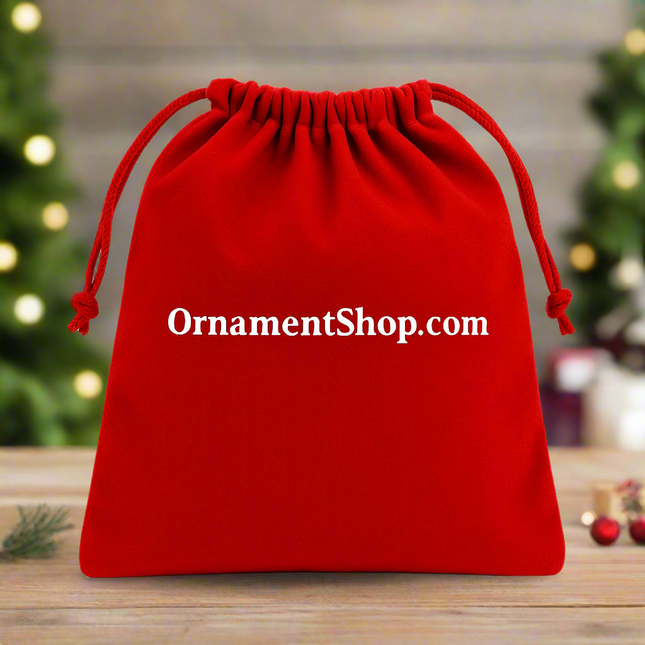 Red drawstring bag with 'OrnamentShop.com' text on a white background