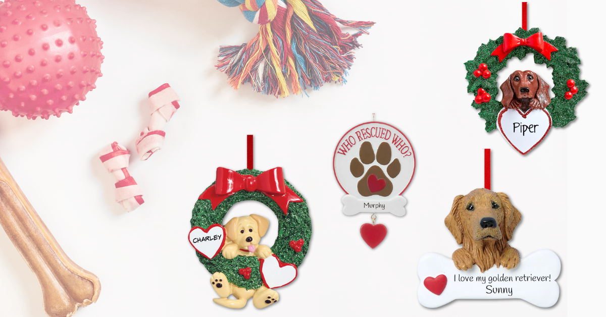Personalized dog Christmas ornaments displayed with pet toys, featuring names like Charley, Murphy, Piper, and Sunny