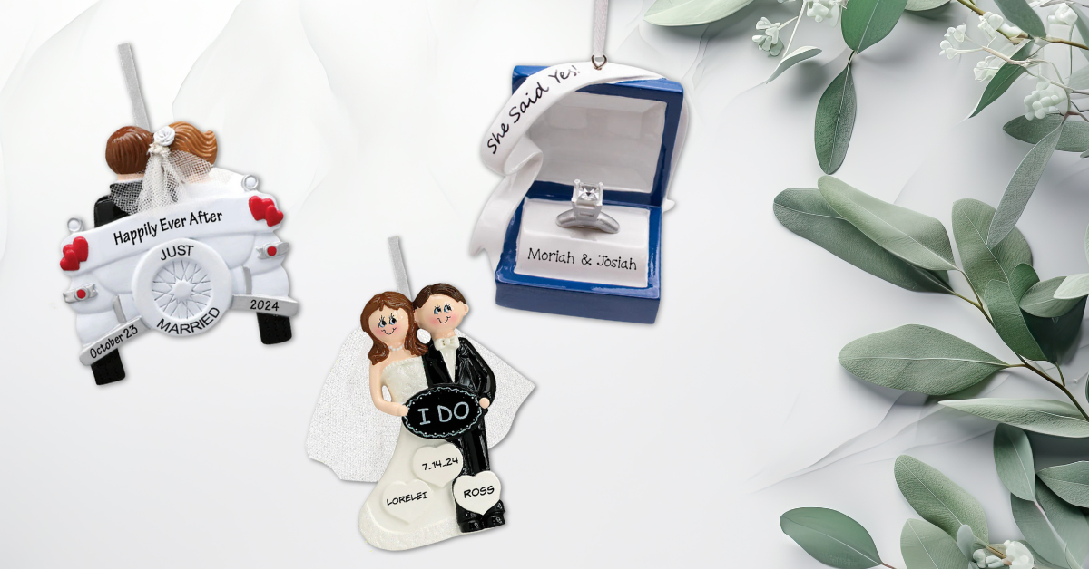 Personalized wedding and engagement Christmas ornaments with names and dates, featuring newlywed couples, a vintage car, and a proposal ring box