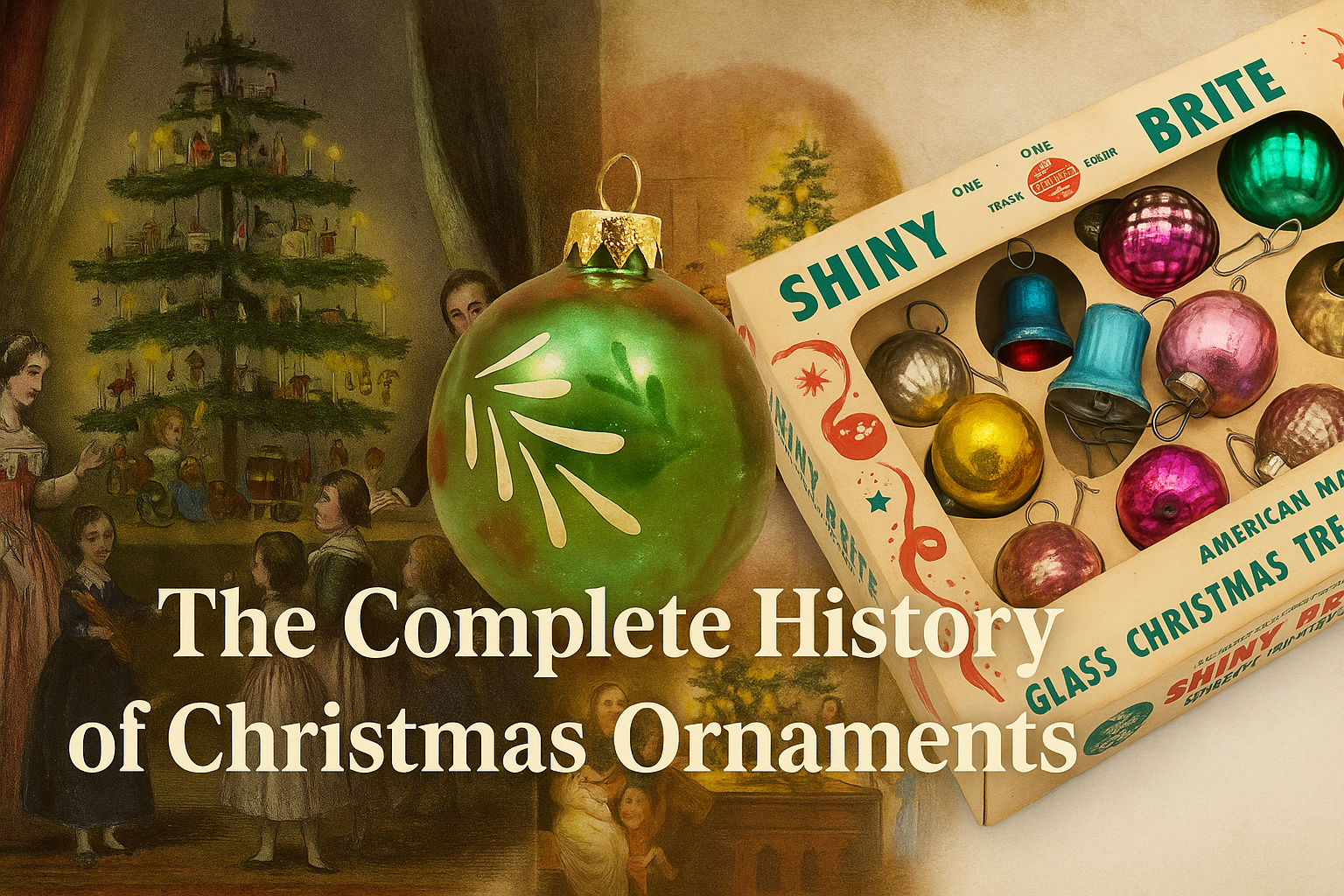 A visual timeline of Christmas ornaments through history: Queen Victoria’s 19th-century Christmas tree, antique German glass baubles, WWII-era Shiny Brite ornaments, and modern personalized keepsakes displayed in a nostalgic collage.