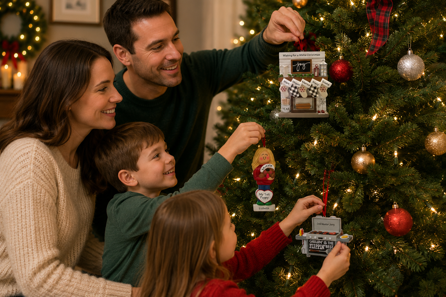 Family decorating a Christmas tree with personalized ornaments, including a family fireplace ornament, puppy ornament, and grill ornament.