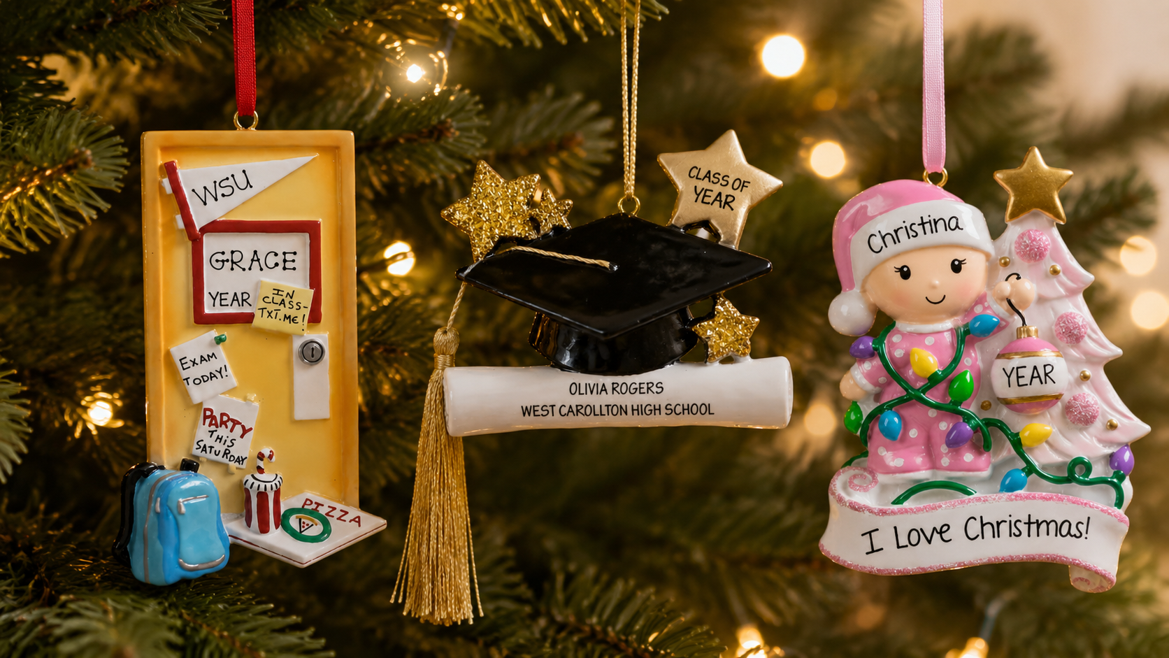 Photorealistic personalized Christmas ornaments hanging on a decorated tree, including a graduation ornament, a college dorm ornament, and a pink Christmas character ornament.