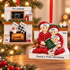 Personalized family Christmas ornaments featuring a festive fireplace with custom stockings and a family reading The Night Before Christmas, displayed against a warm holiday background.