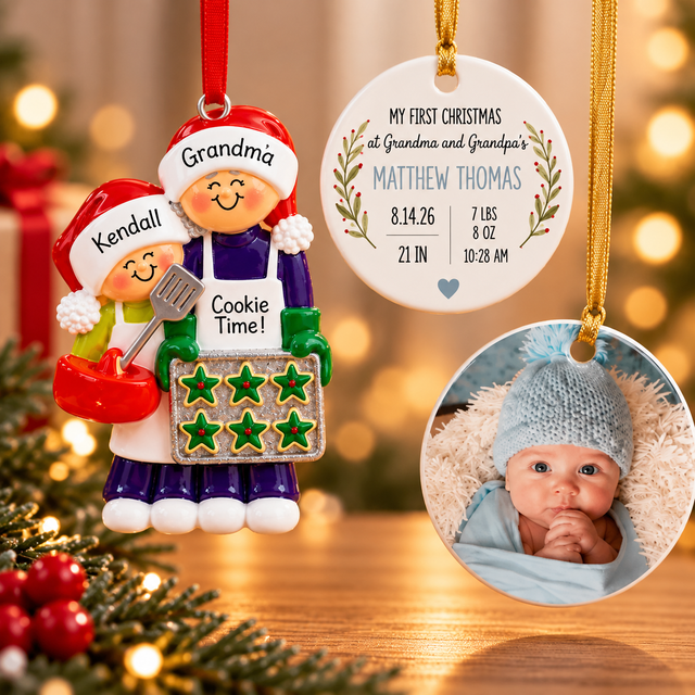 Personalized Christmas ornaments for grandparents featuring a grandma and grandchild baking cookies, a baby's first Christmas keepsake, and a custom baby photo ornament against a simple, festive background.