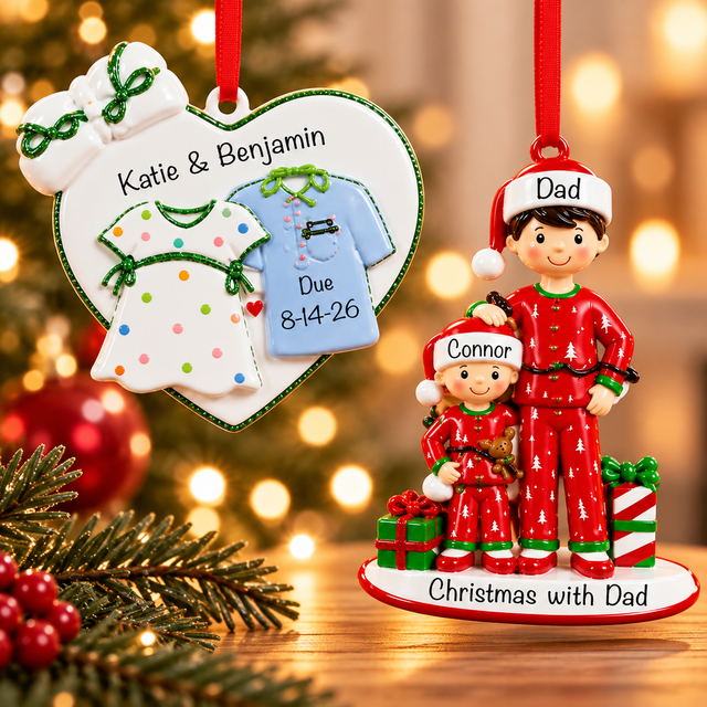Personalized Christmas ornaments for Dad featuring a father and son in matching Christmas pajamas and a custom baby announcement ornament, displayed against a warm, festive holiday background.