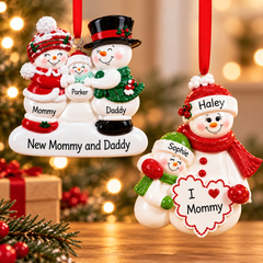 Personalized Christmas ornaments for Mom featuring a snowman family with a new baby and an I Love Mommy snowman ornament, displayed against a simple, festive holiday background.