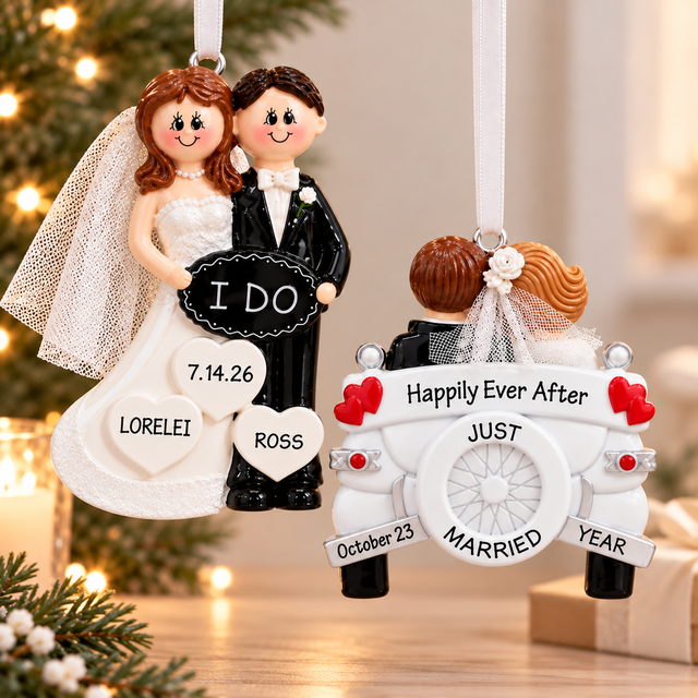 Personalized wedding Christmas ornaments featuring a bride and groom holding an I Do sign with their names and wedding date, alongside a Just Married getaway car ornament, displayed at staggered heights against a simple, festive Christmas background.