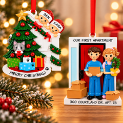 Personalized Christmas ornaments featuring a festive family Christmas tree and a couple celebrating their first apartment, displayed against a simple holiday background with warm Christmas lights.
