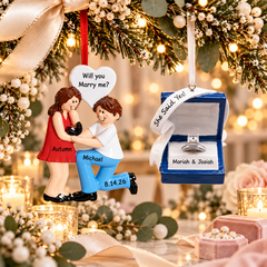Recommended Shopify altPersonalized engagement Christmas ornaments featuring a couple's marriage proposal and a She Said Yes engagement ring keepsake, displayed with romantic flowers, evergreen branches, and warm holiday lights.