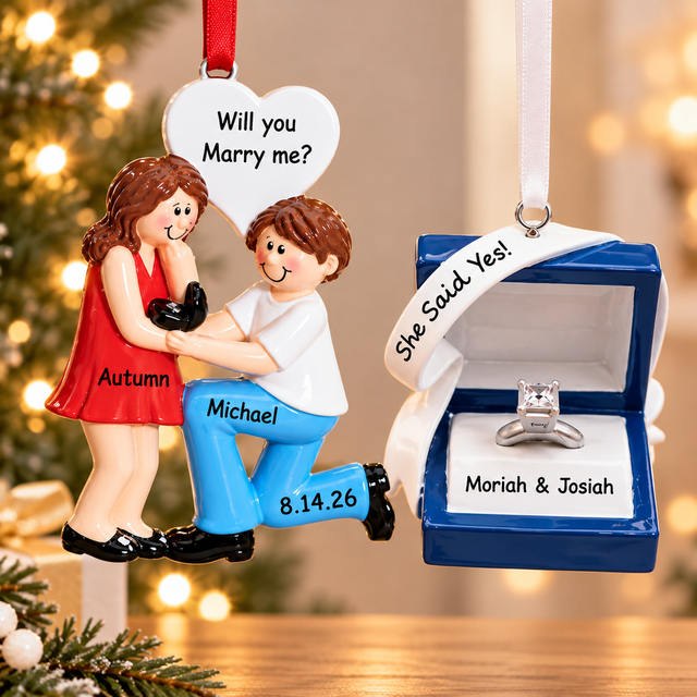 Personalized engagement Christmas ornaments featuring a couple's marriage proposal ornament with Autumn and Michael's names and a She Said Yes engagement ring ornament personalized for Moriah and Josiah.
