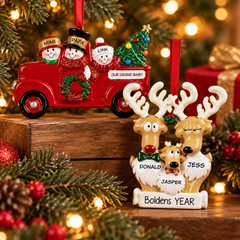 Personalized family of 3 Christmas ornaments featuring a red truck with three snowmen and a reindeer family of three, surrounded by festive greenery and warm Christmas lights.