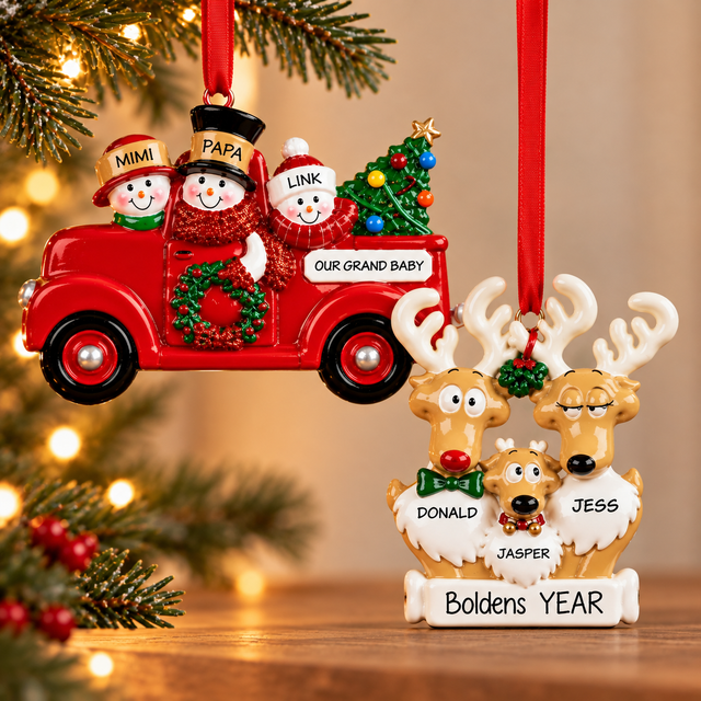 Personalized Christmas ornaments featuring grandparents and a grandchild in a red holiday truck alongside a reindeer family of three, displayed against a softly lit Christmas background.