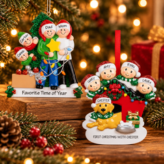 Personalized family of 4 Christmas ornaments featuring a family decorating a Christmas tree and a family with their dog celebrating Christmas, surrounded by festive greenery and warm holiday lights.