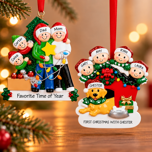 Personalized family Christmas ornaments featuring a family decorating a tree and a family with their dog, displayed against a warm, softly lit holiday background.