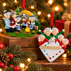 Personalized family of 5 Christmas ornaments featuring a family camping ornament and a family game night ornament, displayed with evergreen branches, red berries, and warm Christmas lights.