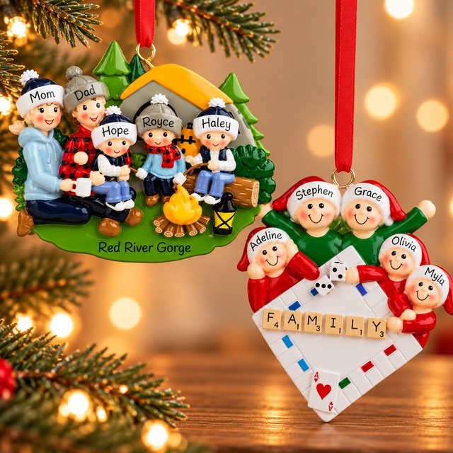 Personalized family of five Christmas ornaments featuring a family camping around a campfire and a family game night design, displayed against a warm holiday background.