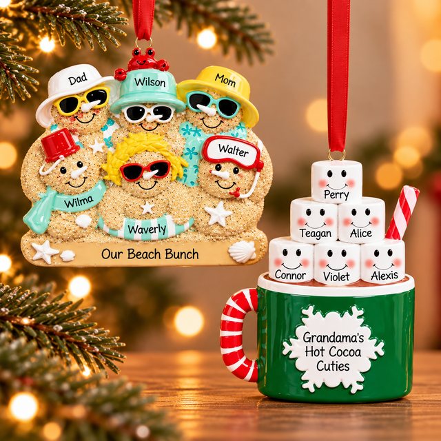 Personalized family of six Christmas ornaments featuring a beach-themed sandcastle family and a hot cocoa mug with six marshmallow characters, displayed against a softly lit holiday background.
