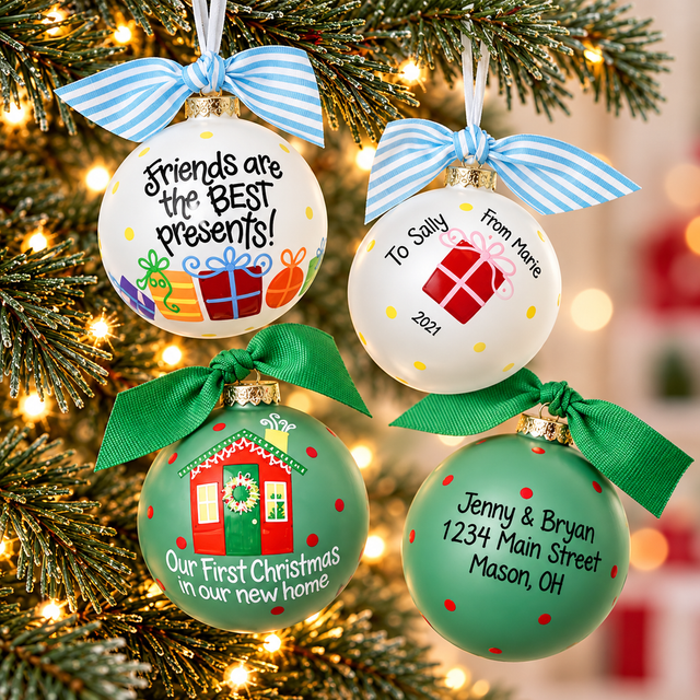 Personalized Christmas ball ornaments featuring friendship gift designs and first Christmas in a new home keepsakes, with blue and green bows, hanging on a festive Christmas tree.