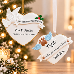 Personalized memorial Christmas ornaments featuring an In Our Hearts Forever remembrance ornament for Rita M Jensen and a pet memorial ornament for Tigger, displayed at staggered heights against a softly lit Christmas background