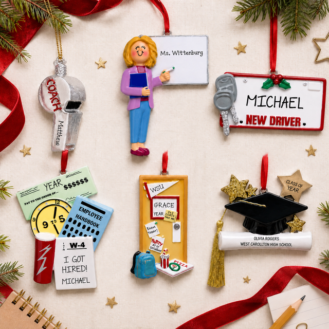 Personalized ornaments celebrating graduation, a new driver, teacher, coach, college and new job achievements.