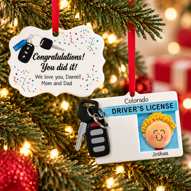 Personalized new driver Christmas ornaments featuring a congratulations keepsake and a driver's license ornament with car keys, hanging on a festive Christmas tree.