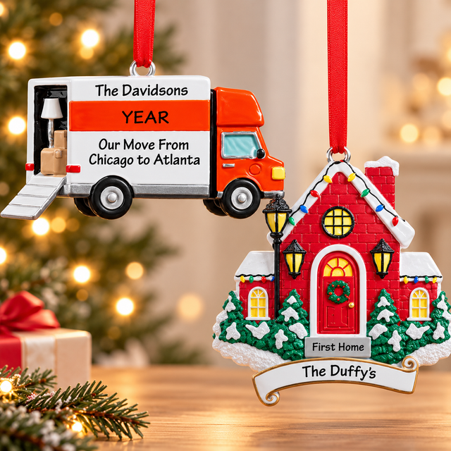 Personalized new home and moving Christmas ornaments featuring a moving truck for the Davidsons and a red brick first home ornament for the Duffys, displayed at staggered heights against a simple, festive Christmas background.