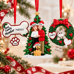 Personalized pet Christmas ornaments featuring a dog bone keepsake, family ornament with dog, and personalized cat wreath ornament.