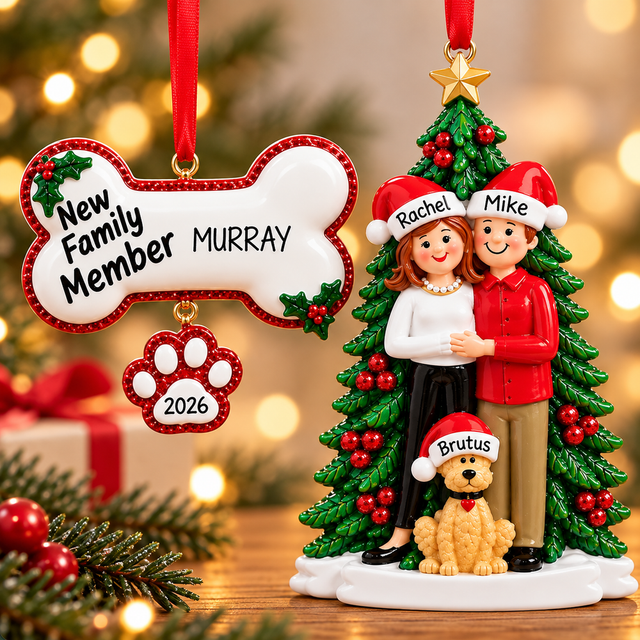 Personalized pet Christmas ornaments featuring a New Family Member dog bone ornament and a couple with their dog beside a Christmas tree, displayed against a simple festive background with warm holiday lights.