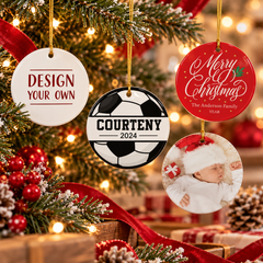 Personalized photo Christmas ornaments featuring custom picture keepsakes, a soccer photo ornament, a baby's first Christmas photo ornament, and a design-your-own ornament displayed on a festive Christmas tree.