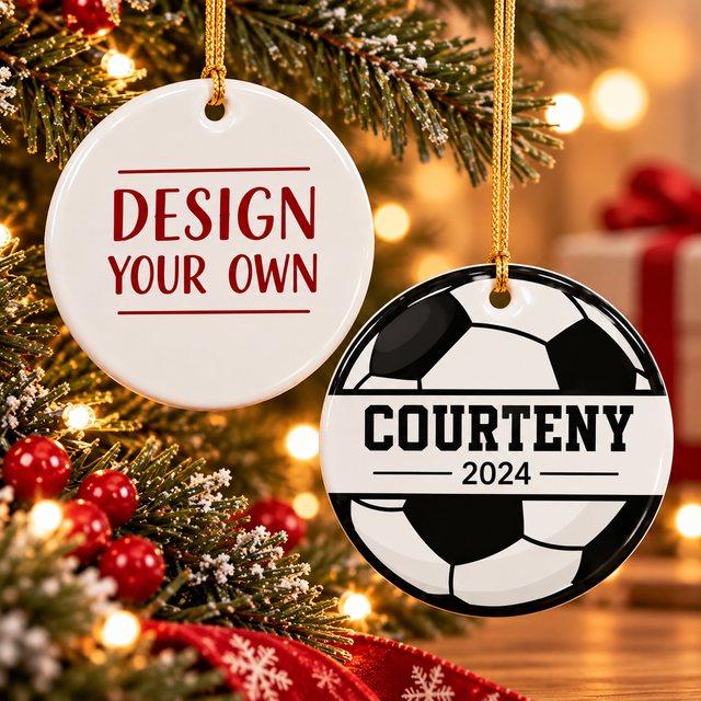 Personalized Christmas ornaments featuring a custom design-your-own ornament and a soccer ball ornament with a name and year, hanging on a festive Christmas tree with warm holiday lights.
