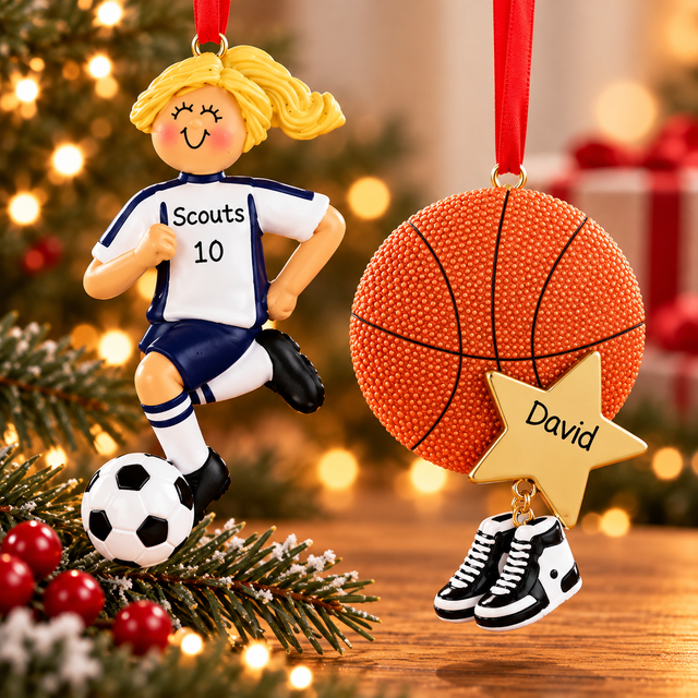 Personalized sports Christmas ornaments featuring a girls' soccer player and basketball ornament with custom names, displayed against a festive Christmas background with warm holiday lights.