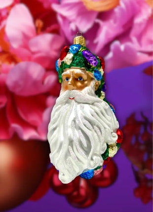 Flower Santa Head Holiday Polish Glass Christmas Ornament designed by Kenzies of London and by Personalized Ornamentshop