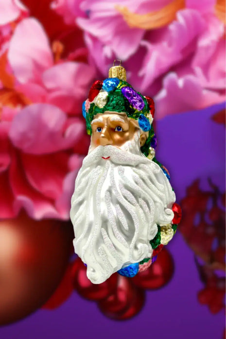 Flower Santa Head Holiday Polish Glass Christmas Ornament designed by Kenzies of London and by Personalized Ornamentshop