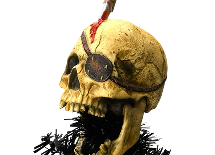 Pirate skull Christmas tree topper featuring a weathered skull with an eye patch, open jaw, knife detail, and blood-red accents.