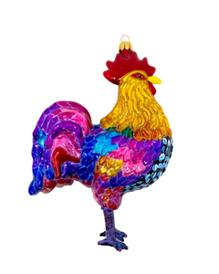 Rainbow Rooster Holiday Polish Glass Christmas Ornament designed by Kenzies of London and by Personalized Ornamentshop