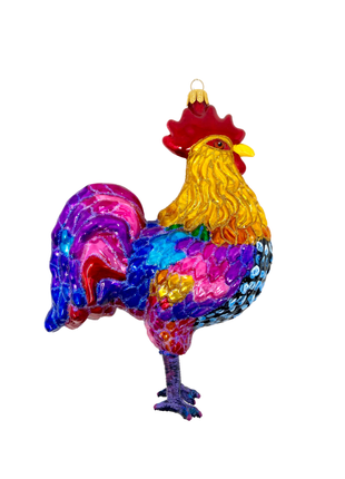 Rainbow Rooster Holiday Polish Glass Christmas Ornament designed by Kenzies of London and by Personalized Ornamentshop