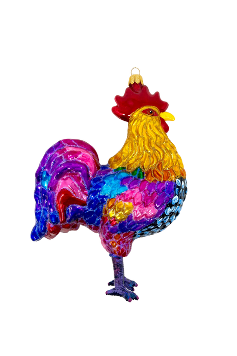 Rainbow Rooster Holiday Polish Glass Christmas Ornament designed by Kenzies of London and by Personalized Ornamentshop