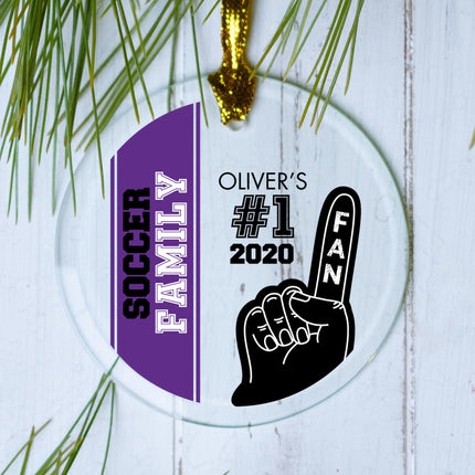 #1 Sports Fan Soccer Personalized Glass Round Ornament - COLOR - Purple created by ORNAMENT SHOP