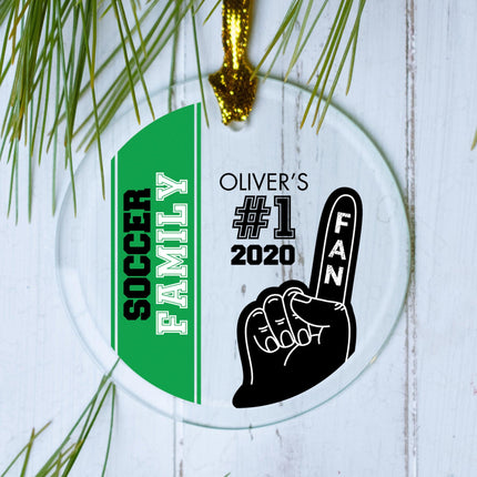 #1 Sports Fan Soccer Personalized Glass Round Ornament - COLOR - Silver created by ORNAMENT SHOP