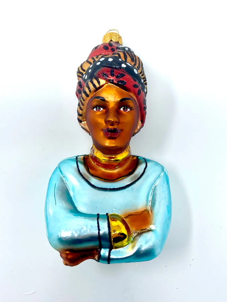 African Woman (Blue) Holiday Polish Glass Christmas Ornament designed by Kenzies of London and by Personalized Ornamentshop